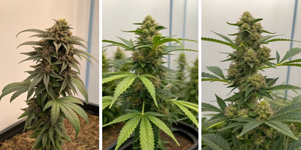 Visual timeline collage of Gelato 41 x Gelato 41 Auto strain growth stages, from seedling to harvest-ready buds.
