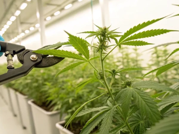 Close-up of Grabba tool trimming cannabis leaves, highlighting its precision and ergonomic design for efficient cultivation.