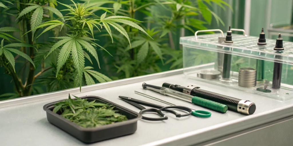 Organized cannabis grow room displaying the Grabba tool with essential cultivation equipment, emphasizing simplicity and efficiency.