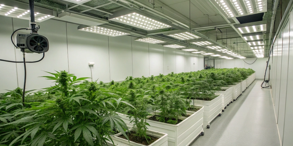 Green Gelato Auto strain plants flourishing indoors under LED lights in a modern, organized grow room.