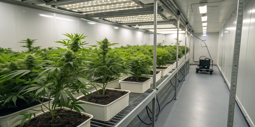 Image of a modern cannabis grow room with healthy Haze Berry Auto plants at different stages, surrounded by organized cultivation equipment and controlled lighting.