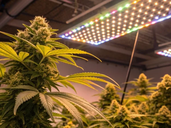 Close-up image of Haze Berry Auto strain buds with dense resin and vibrant green leaves under LED lighting in an indoor grow space.