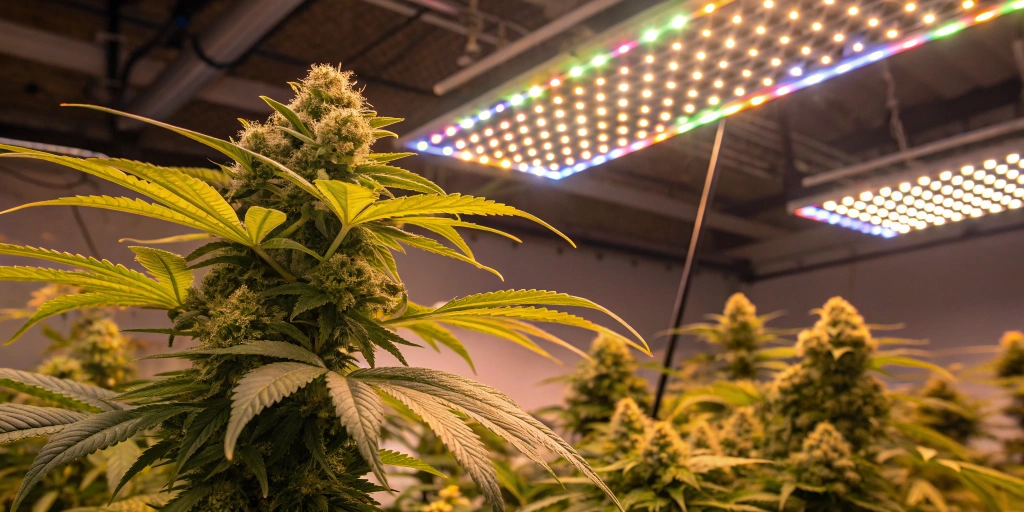 Close-up image of Haze Berry Auto strain buds with dense resin and vibrant green leaves under LED lighting in an indoor grow space.