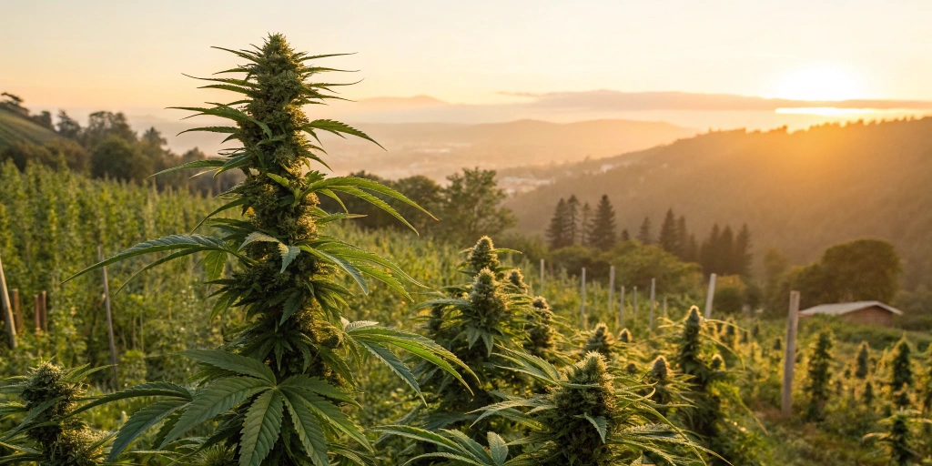 Sunrise scene in an outdoor cannabis garden showing robust Haze Berry Auto plants with lush foliage and bright natural light, emphasizing the strain's citrus-berry appeal.
