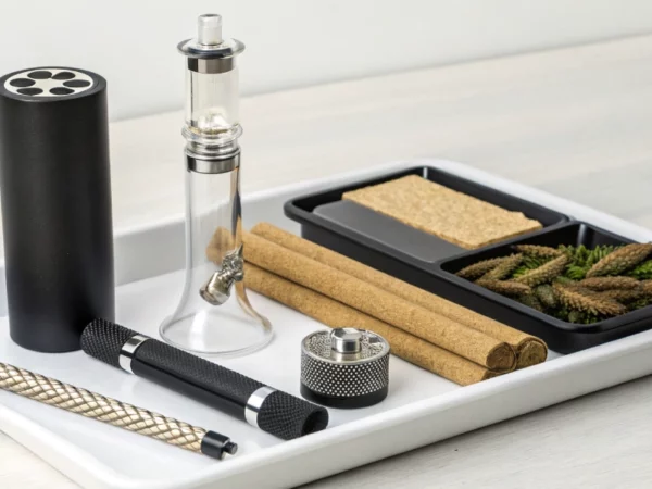 Modern smoking setup demonstrating how to smoke without papers with glass pipe, bong, and natural wraps.