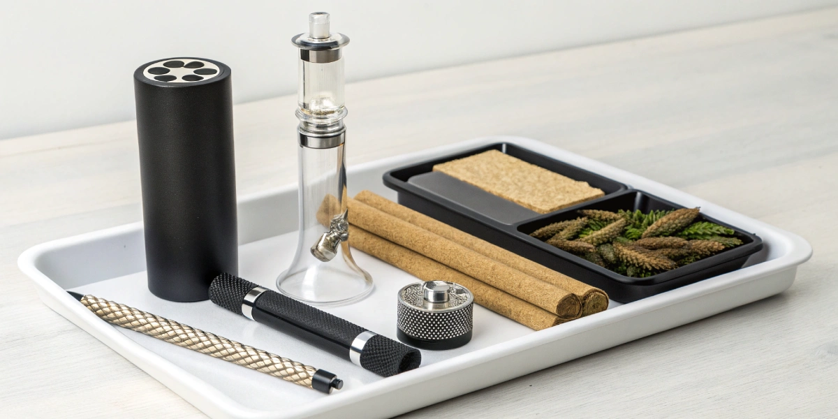 Modern smoking setup demonstrating how to smoke without papers with glass pipe, bong, and natural wraps.