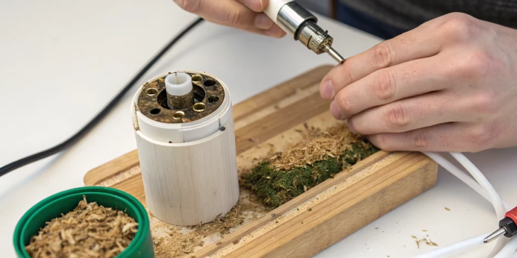 Close-up of a DIY smoking device in progress, illustrating innovative ways to smoke without papers using sustainable materials.