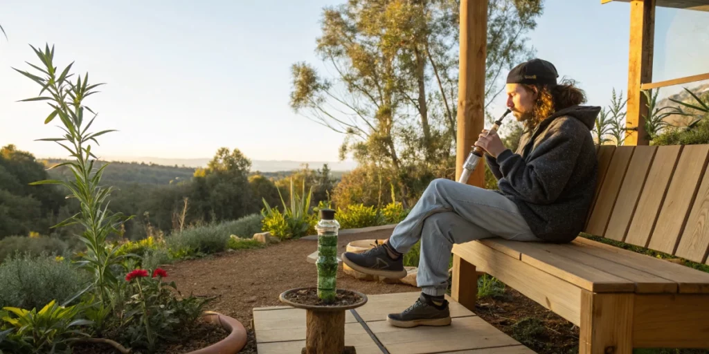 Outdoor cannabis session with an individual using a bong, highlighting an eco-friendly method for how to smoke without papers.
