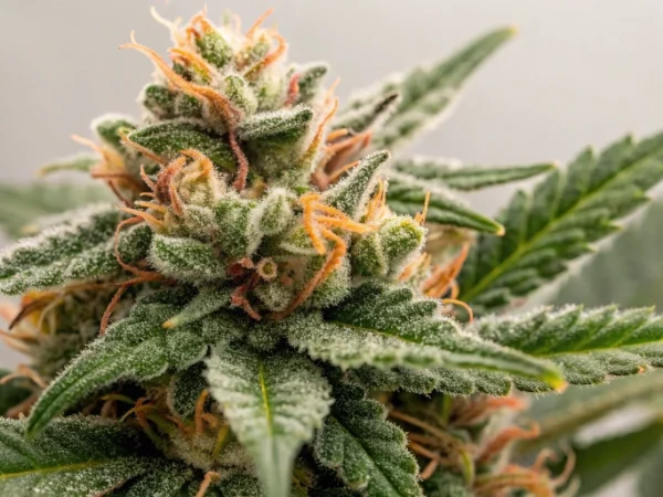 Close-up of auto-flowering cannabis buds with detailed trichomes, colorful pistils, and resin.