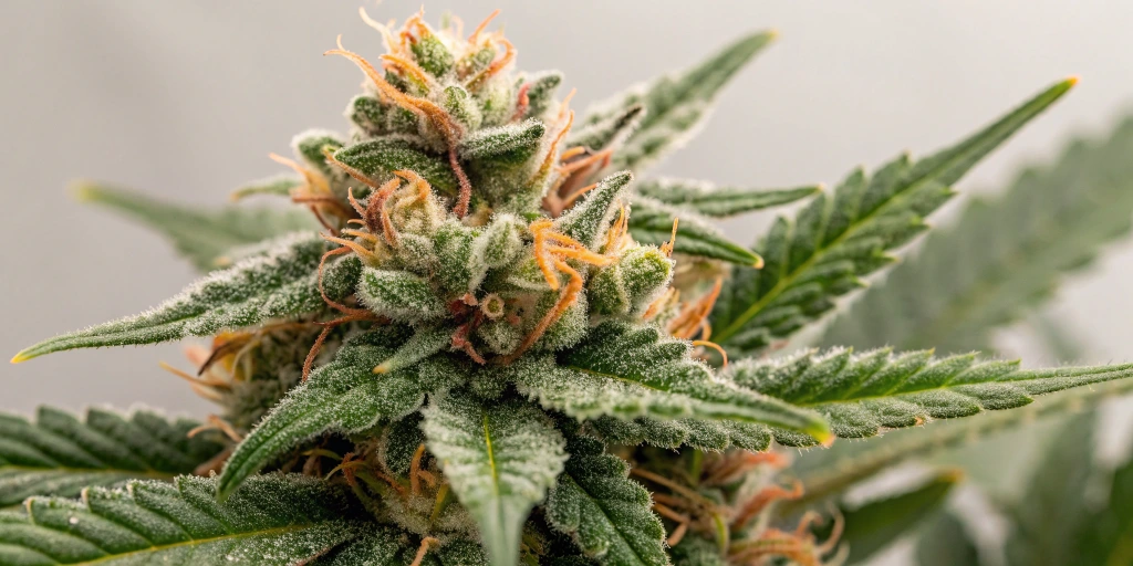 Close-up of auto-flowering cannabis buds with detailed trichomes, colorful pistils, and resin.