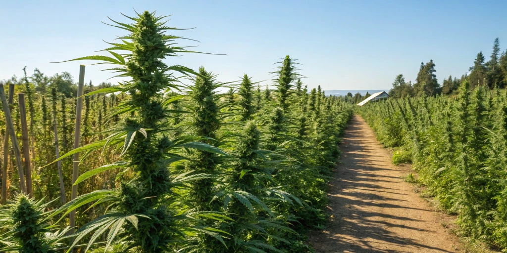 Outdoor organic cannabis garden with auto-flowering plants thriving under a clear blue sky