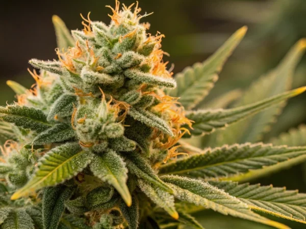 Close-up view of Hyperion F1 Auto strain buds displaying bright citrus hues and sparkling trichomes.
