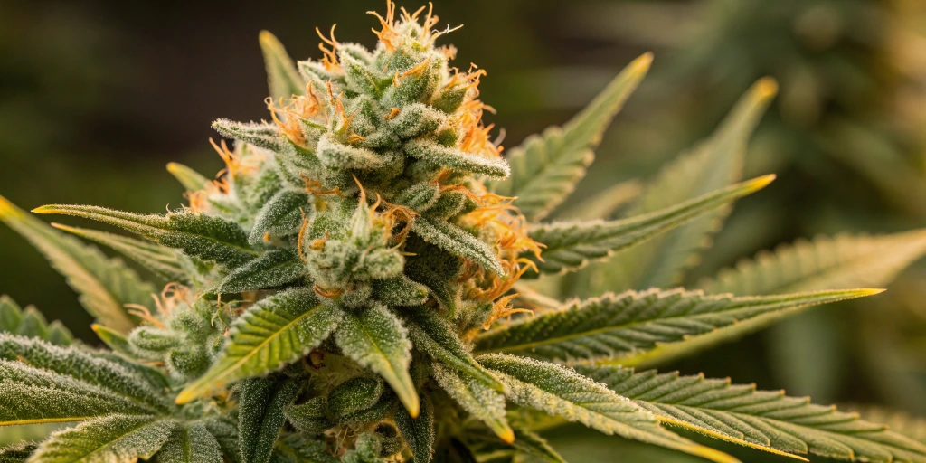 Close-up view of Hyperion F1 Auto strain buds displaying bright citrus hues and sparkling trichomes.