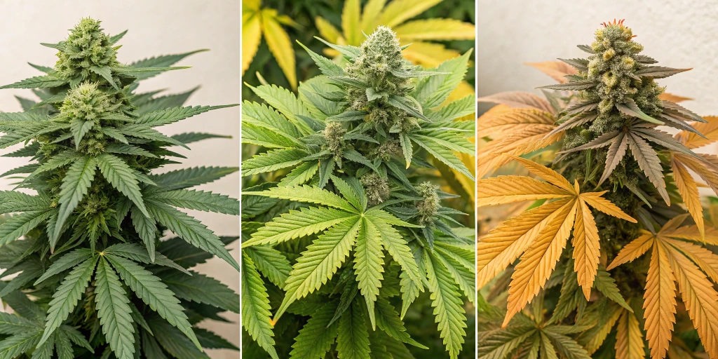 Collage of White Widow Auto, Northern Lights Auto, and Amnesia Haze Auto strains featuring distinct bud textures and vibrant colors.