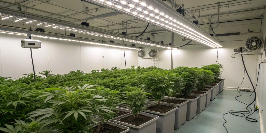 Indoor grow room with Hyperion F1 Auto strain plants under full-spectrum LED lights, showcasing a clean and organized cultivation space.