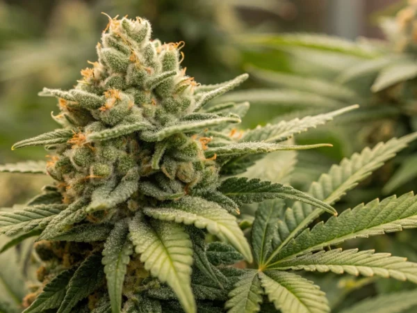 Detailed view of Kalashnikova Auto strain buds showing thick resin and vibrant trichomes.