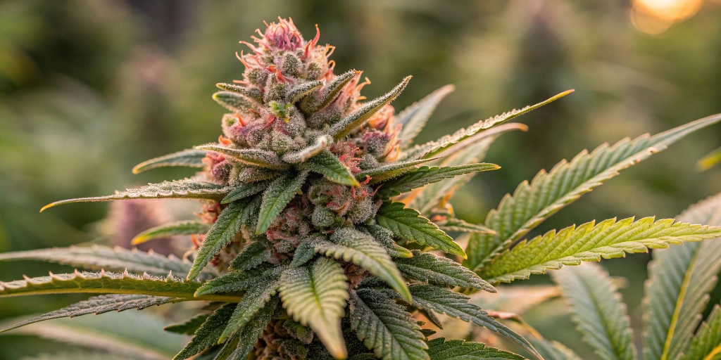 Close-up of a mature Kings Juice Auto strain bud, displaying dense trichomes and vibrant, resinous details under soft lighting.