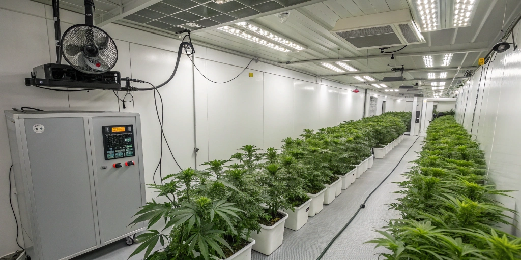 Indoor grow room for Kings Juice Auto strain with LED lights, organized grow tents, and a digital control panel monitoring temperature and humidity.