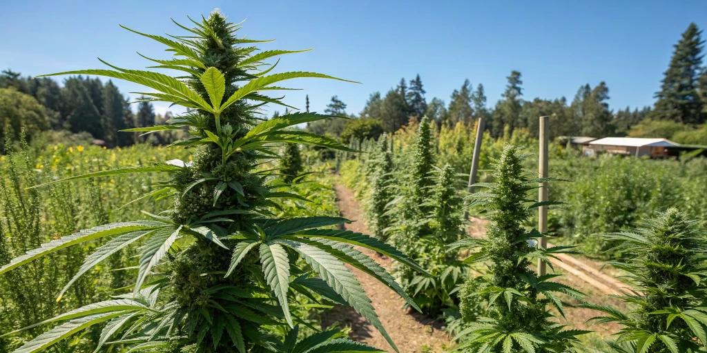 Outdoor cannabis garden with healthy Kings Juice Auto strain plants under a bright, clear blue sky, showcasing vigorous growth and lush foliage.