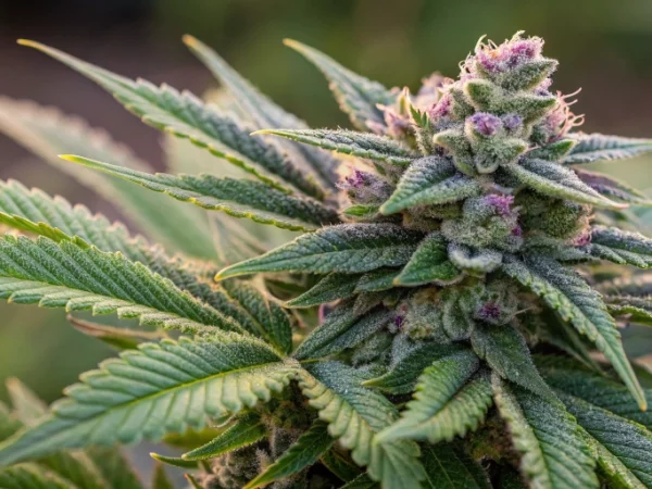 Close-up of King's Kush Auto strain buds showing dense resin and vibrant green hues with hints of purple in an indoor grow setup.