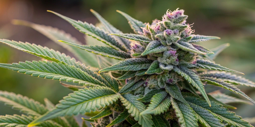 Close-up of King's Kush Auto strain buds showing dense resin and vibrant green hues with hints of purple in an indoor grow setup.