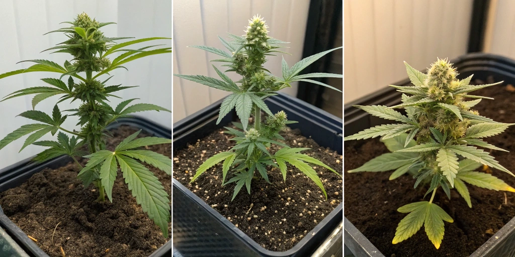 Collage showing the growth stages of King's Kush Auto strain from seedling to mature flowering buds, illustrating its development over several weeks.