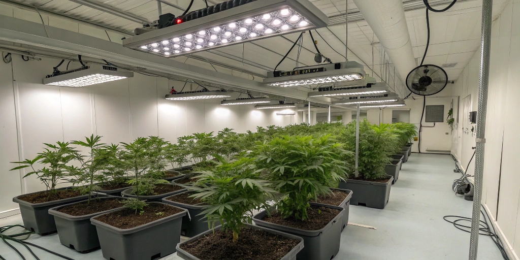 Modern indoor grow room with LED lights, fans, and carbon filters, featuring healthy King's Kush Auto strain plants in organized pots.