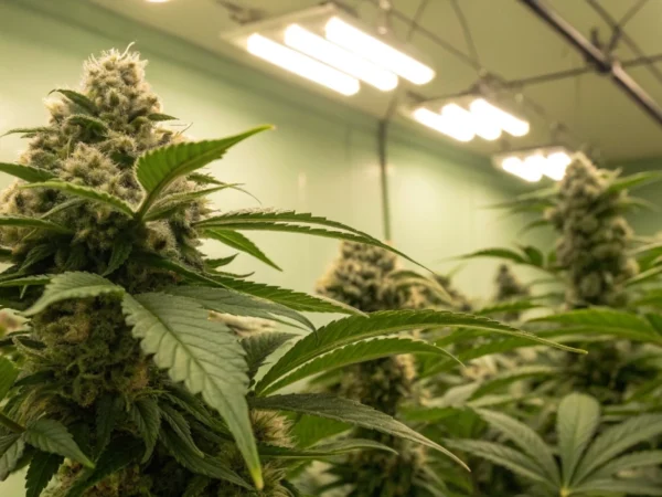 Close-up of LSD 25 auto strain buds sparkling with resin under full-spectrum LED lights.