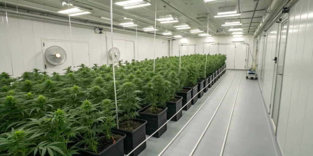 Indoor grow room with thriving LSD 25 auto strain plants under precise environmental control and full-spectrum lighting.