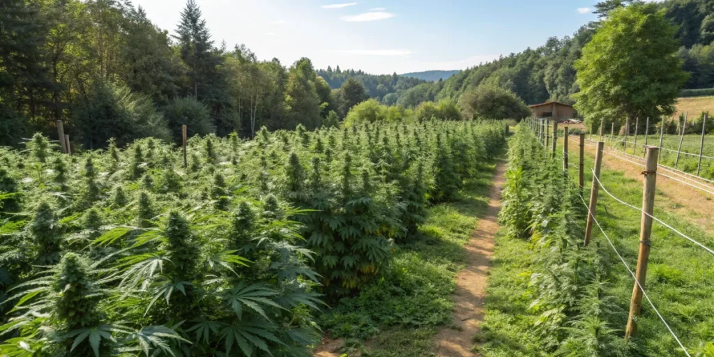 Outdoor garden showcasing vigorous LSD 25 auto strain plants flourishing under bright natural sunlight