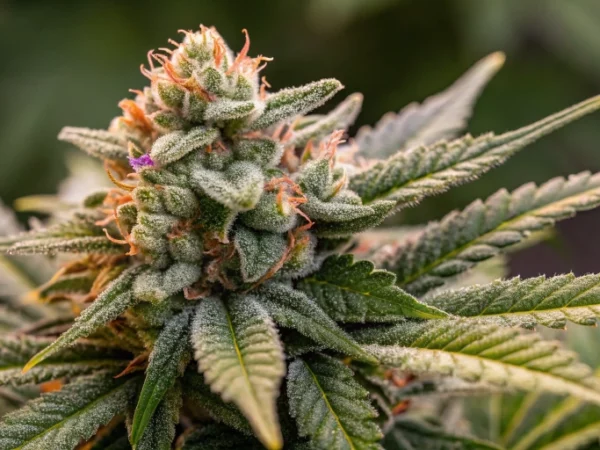 Close-up view of Medusa F1 Auto strain buds with sparkling trichomes and vibrant citrus hues, showcasing high quality and resin content.