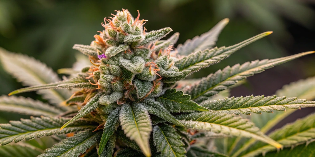 Close-up view of Medusa F1 Auto strain buds with sparkling trichomes and vibrant citrus hues, showcasing high quality and resin content.