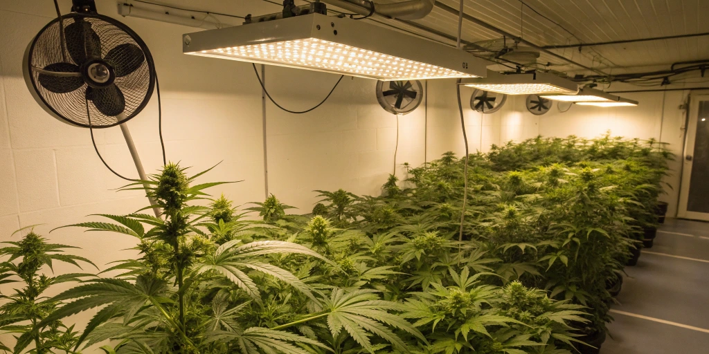 Indoor grow room with Medusa F1 Auto strain plants, bright LED lighting, and organized equipment highlighting optimal growing conditions.