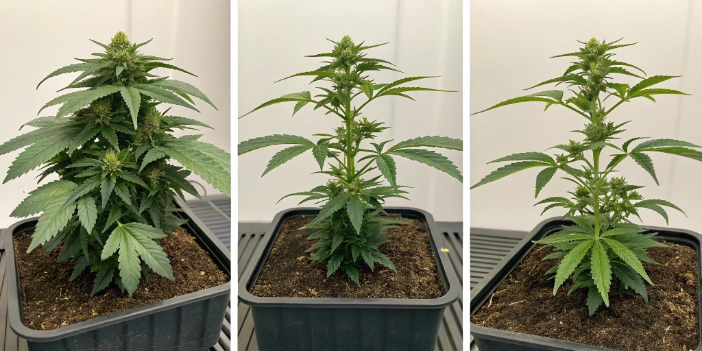 Visual timeline collage of Medusa F1 Auto strain growth, illustrating the progression from seedling to fully developed buds with consistent, robust growth.