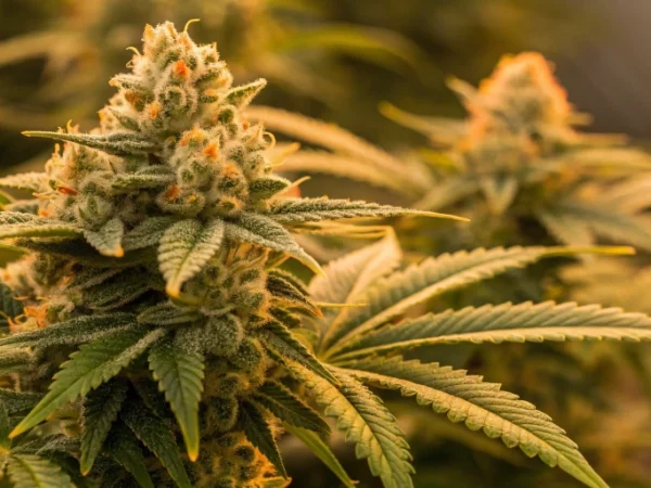 Close-up view of Milky Way F1 Auto strain buds showcasing dense, resin-coated flowers with bright citrus colors and sparkling trichomes.