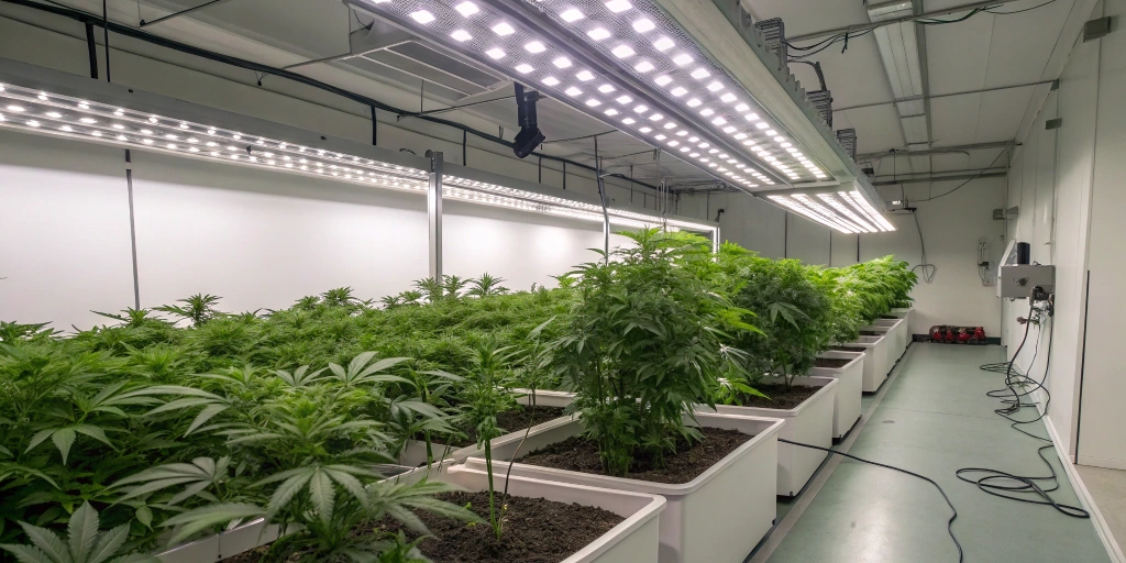 Modern indoor cannabis grow room with full-spectrum LED lighting, organized equipment, and thriving plants, representing a controlled cultivation space for Milky Way F1 Auto strain.