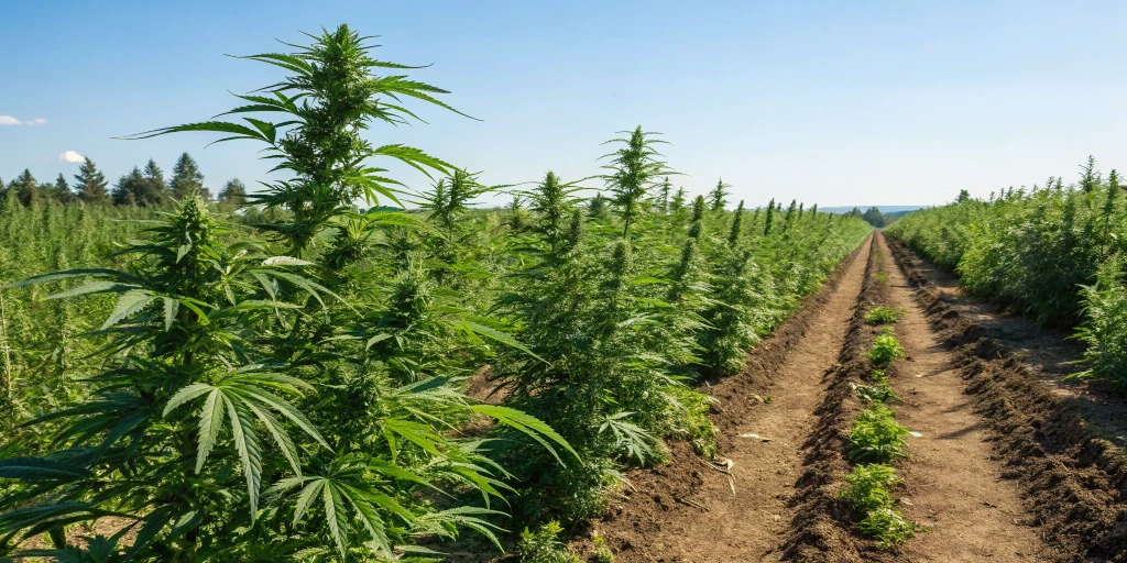 Vibrant outdoor cannabis field under clear blue skies, with lush green plants growing in well-drained soil, illustrating ideal natural conditions for Milky Way F1 Auto strain.