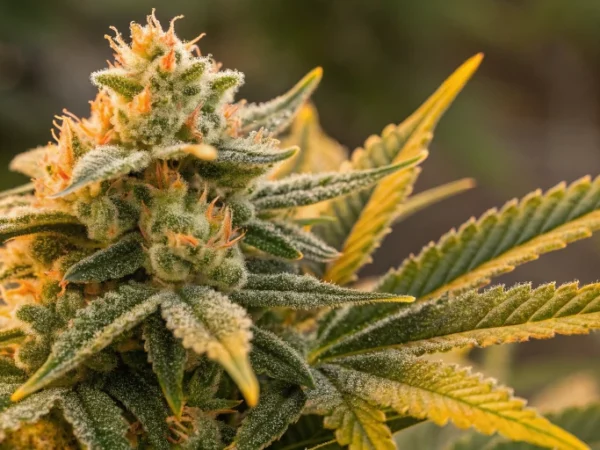 Close-up view of Mimosa Auto strain buds displaying bright lemon and orange hues with detailed, glistening trichomes on a dense, resinous texture.