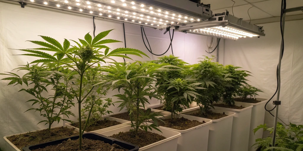 Indoor grow room with Mimosa Auto strain plants thriving under full-spectrum LED lighting, exhibiting robust growth in a clean, organized environment.