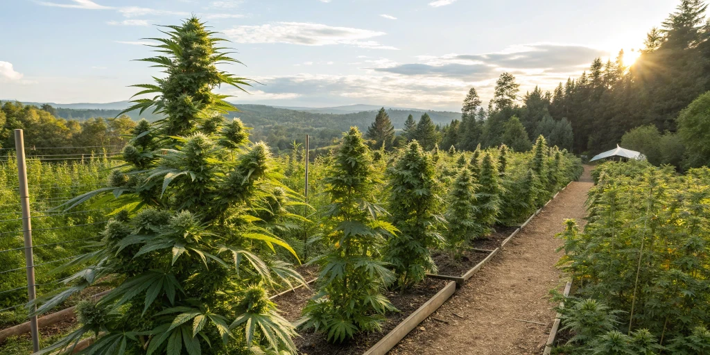 Outdoor cannabis garden with Mimosa Auto strain plants bathed in natural sunlight, displaying lush foliage and abundant, vibrant buds in a scenic setting.