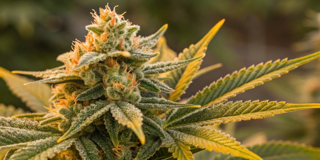 A detailed close-up of a North Thunderfuck Auto strain cannabis plant with vibrant leaves and dense, glistening buds in a well-lit indoor setting.