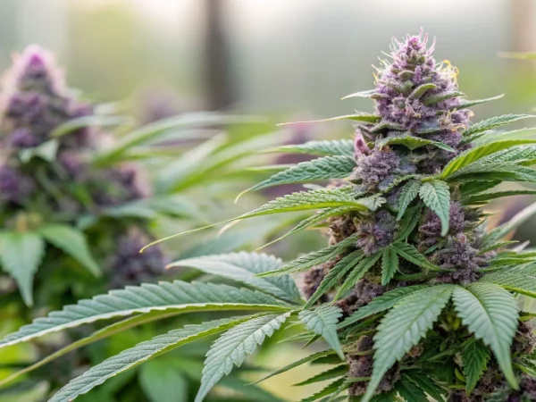 Close-up of dense Purple Punch Auto buds with sparkling trichomes and lush green leaves, highlighting their texture and vibrant color.
