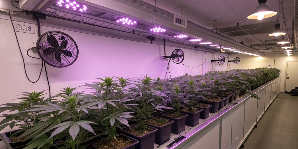 Indoor grow room with Purple Punch Auto plants under LED lighting, showing a neat and controlled setup with fans and timers in use.