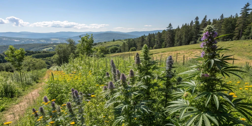 Outdoor cannabis garden featuring healthy Purple Punch Auto plants basking in sunlight, with lush green surroundings and a bright blue sky overhead.