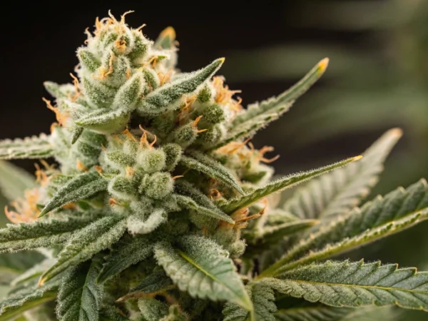 Close-up of Royal Cheese Auto strain buds displaying dense resinous trichomes in cheese and citrus tones.