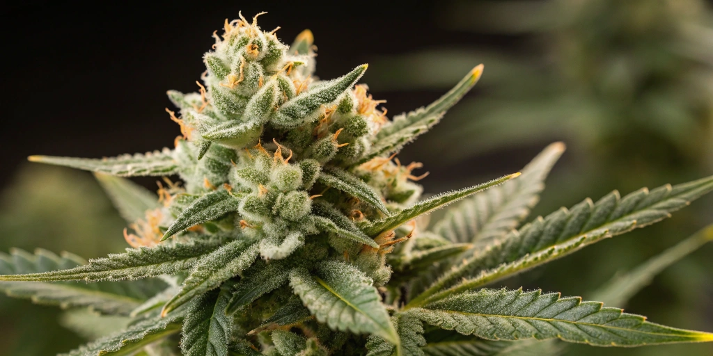 Close-up of Royal Cheese Auto strain buds displaying dense resinous trichomes in cheese and citrus tones.