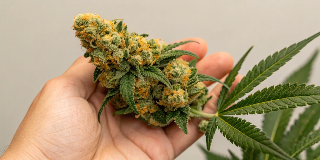 Hand holding a freshly harvested Royal Cheese Auto bud with distinctive cheese and citrus colors.