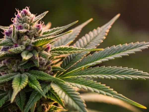 Close-up view of a mature Royal Cookies Auto bud, showcasing detailed trichomes and rich resin on vibrant green and purple leaves, set against a dark blurred background