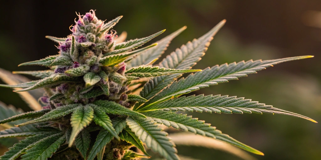 Close-up view of a mature Royal Cookies Auto bud, showcasing detailed trichomes and rich resin on vibrant green and purple leaves, set against a dark blurred background