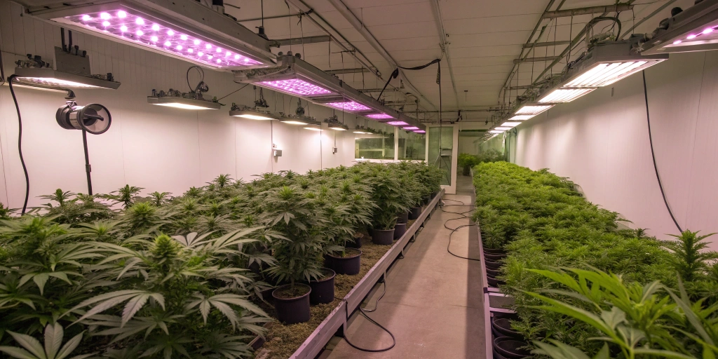 Indoor grow room displaying rows of Royal Cookies Auto strain plants in different growth phases, illuminated by full-spectrum LED lights, with fans and timers in the background